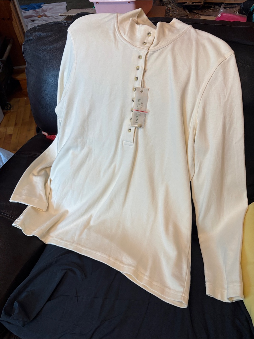 Natural Reflections Long-Sleeve Henley Blouse in Cream - Classic Casual Size L